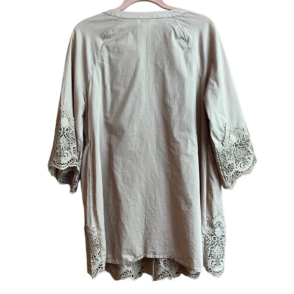 Alyssa W Collection Cotton Boho Button Up Smocked Tunic Lace Details Tan - Picture 6 of 12